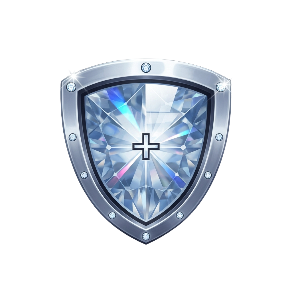 Diamond-shaped shield with a glowing cross in the center and studded silver border on dark background