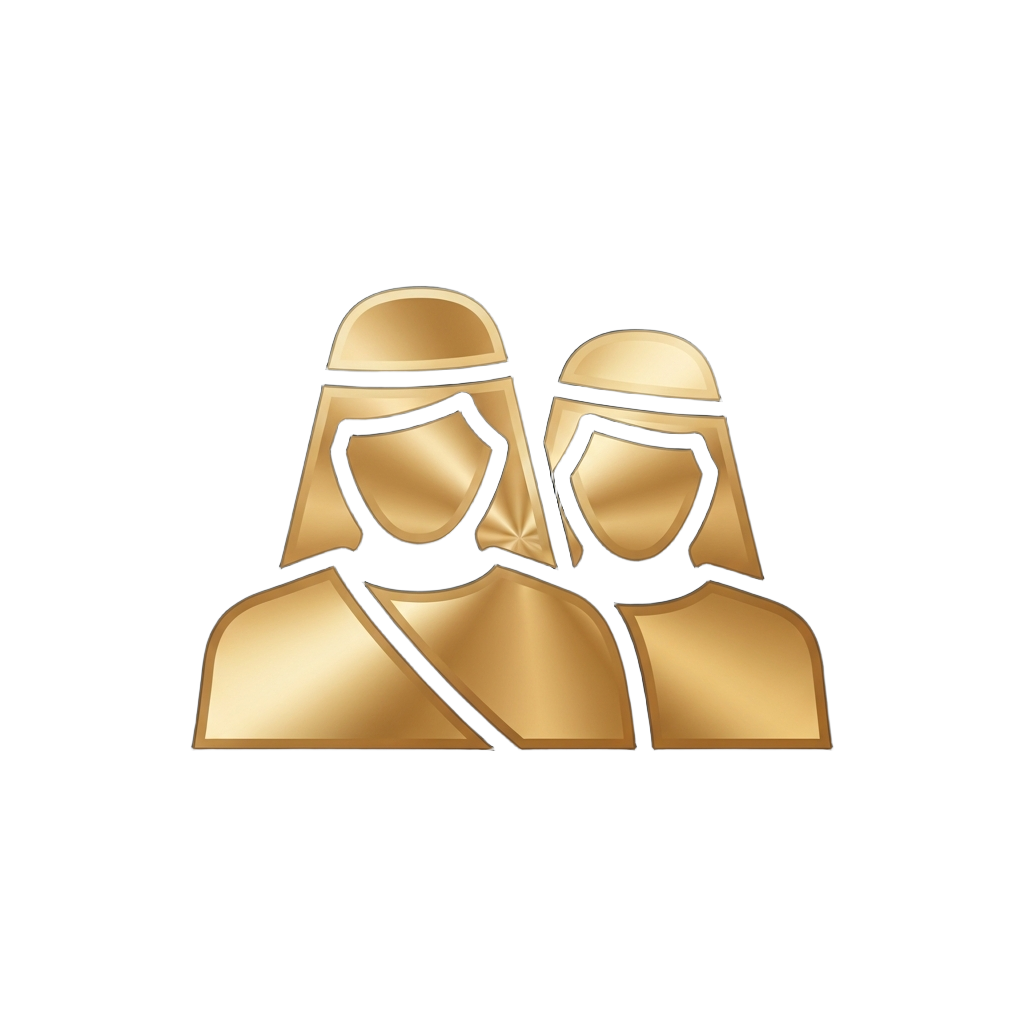 Gold metallic icon of two people wearing traditional head coverings on dark blue background.