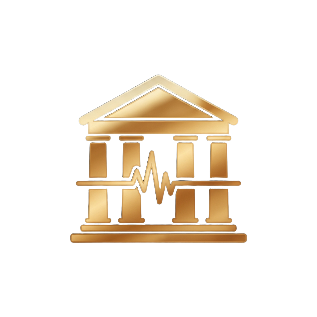 Gold icon of a classical building with a heartbeat pulse line across its columns.