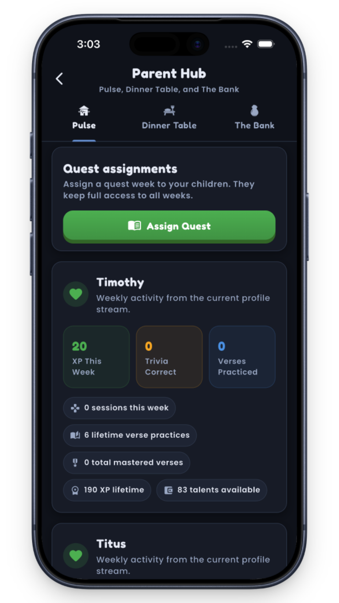 Parent Hub app showing quest assignments and weekly activity stats for child Timothy including XP and talents.