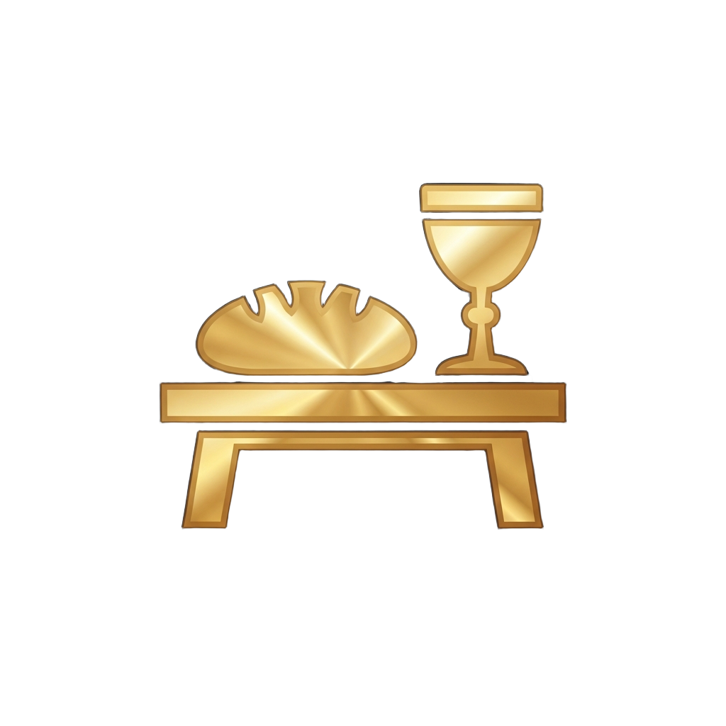 Gold icon of a table with bread loaf and a goblet on a dark background.