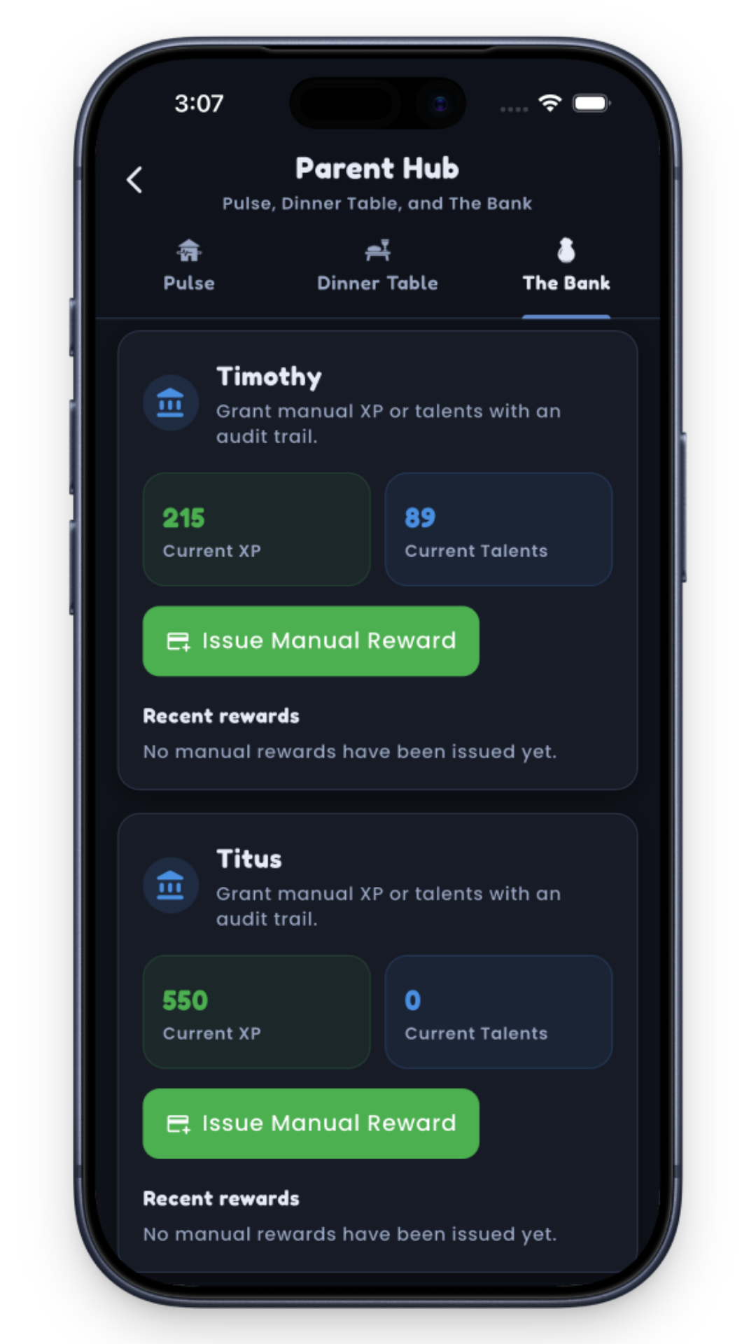 Parent Hub app screen showing XP and talents for Timothy and Titus with manual reward buttons.
