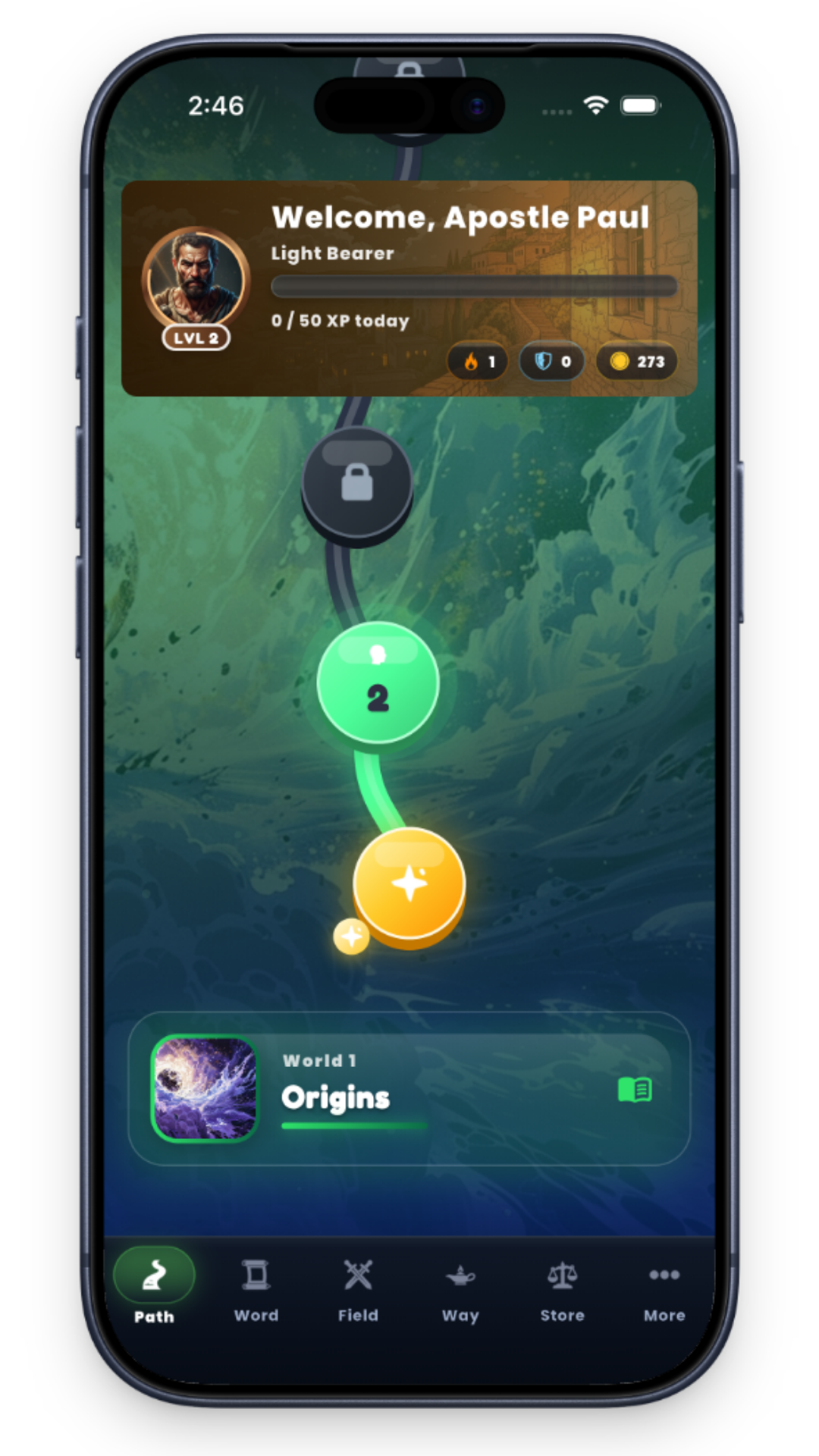 Mobile game screen showing Apostle Paul profile, level 2, XP, and progress on Origins world path.