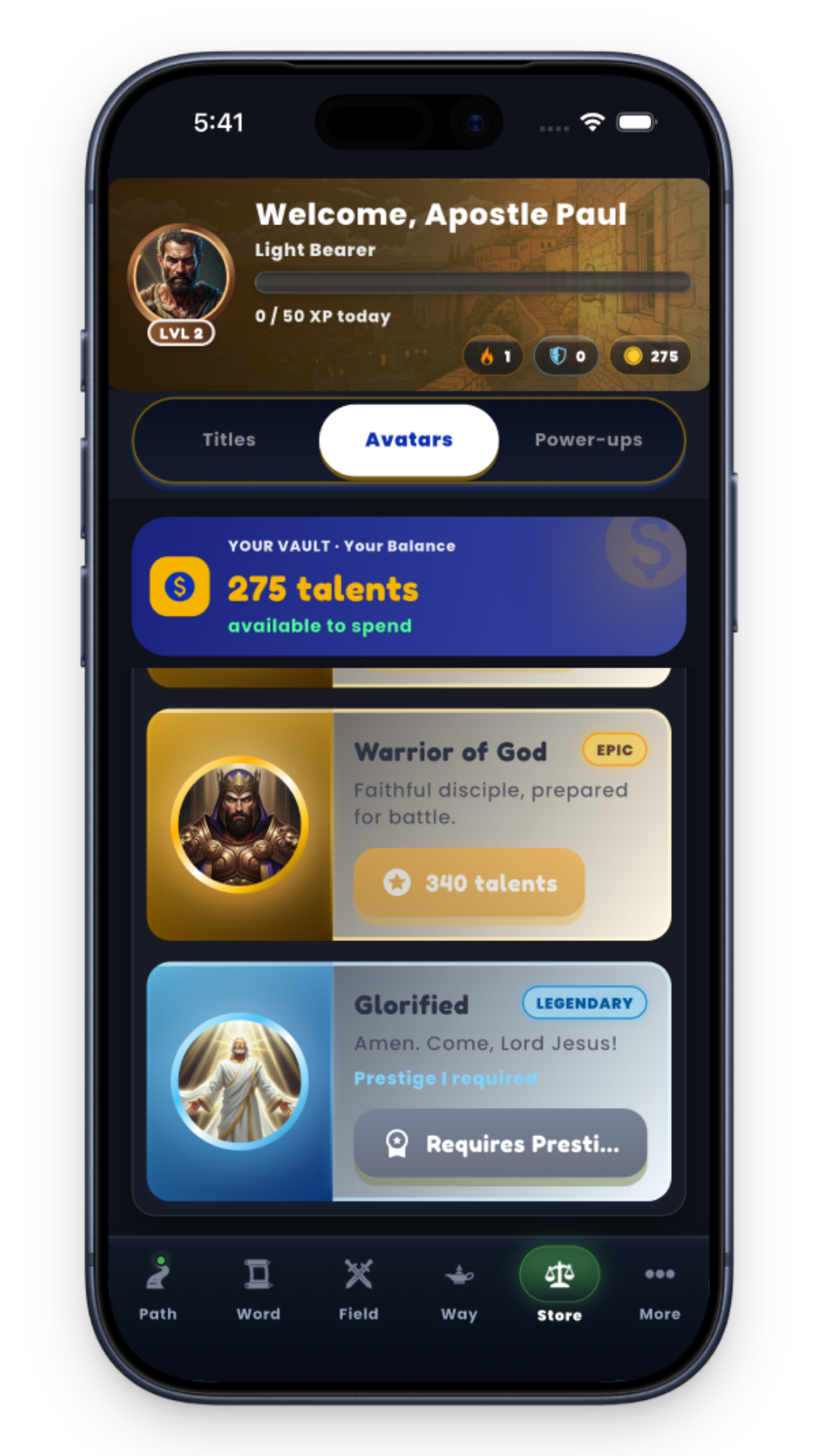 Mobile game screen showing Apostle Paul avatar with 275 talents available and options for Warrior of God and Glorified.