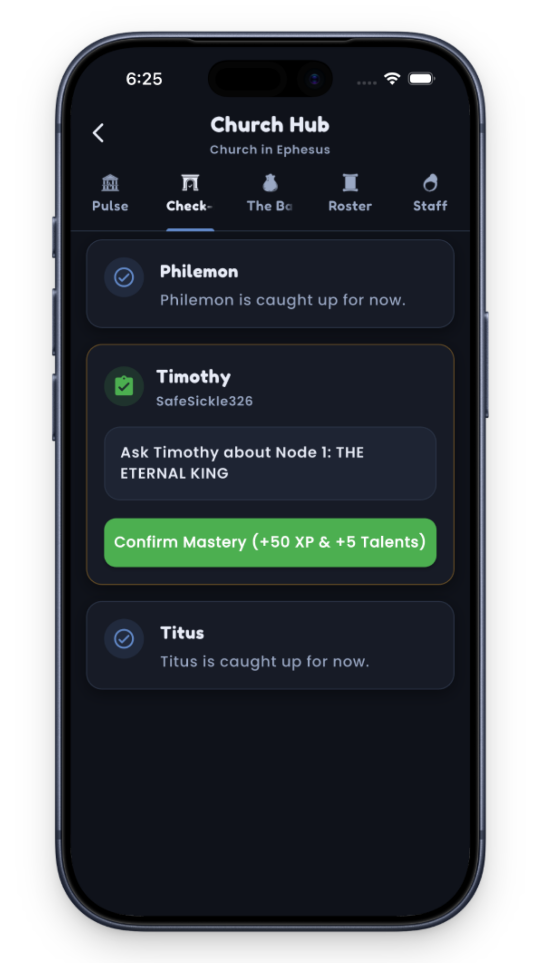 Church Hub app screen showing check-in status for Philemon, Timothy with mastery task, and Titus.
