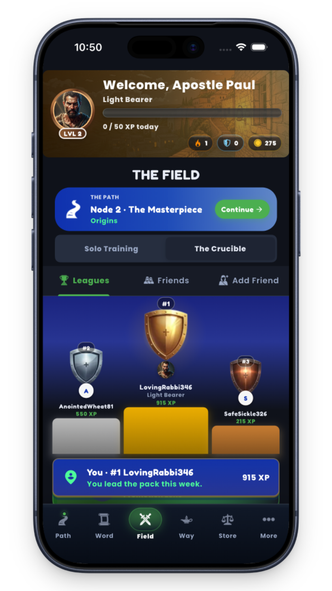 Mobile game screen showing player Apostle Paul at level 2, leading leagues with 915 XP, option to continue Node 2.