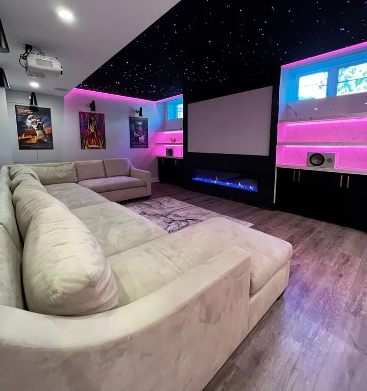 Basement home theatre with star ceiling and LED lighting