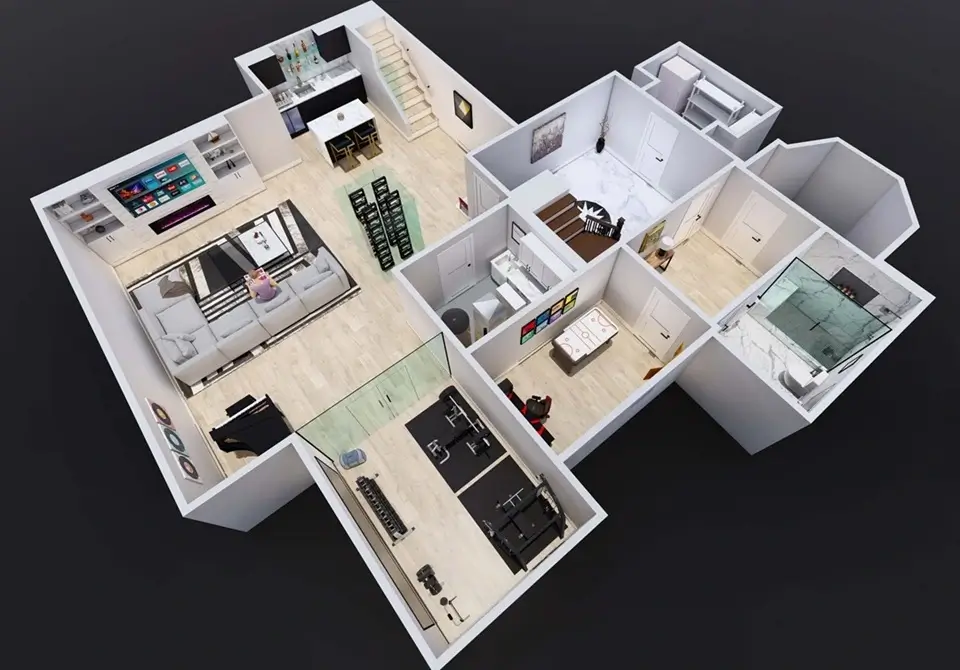 3D design rendering of a custom finished basement