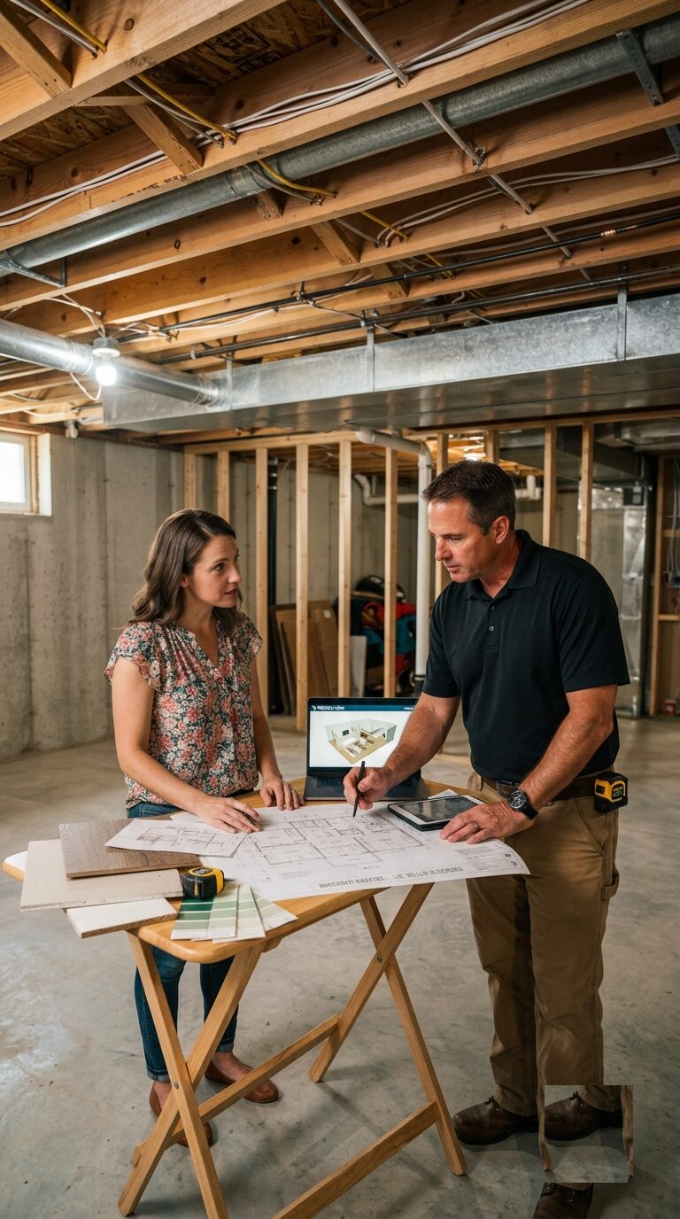 Desire Basements in-home consultation — reviewing a basement renovation 3D design with GTA homeowners