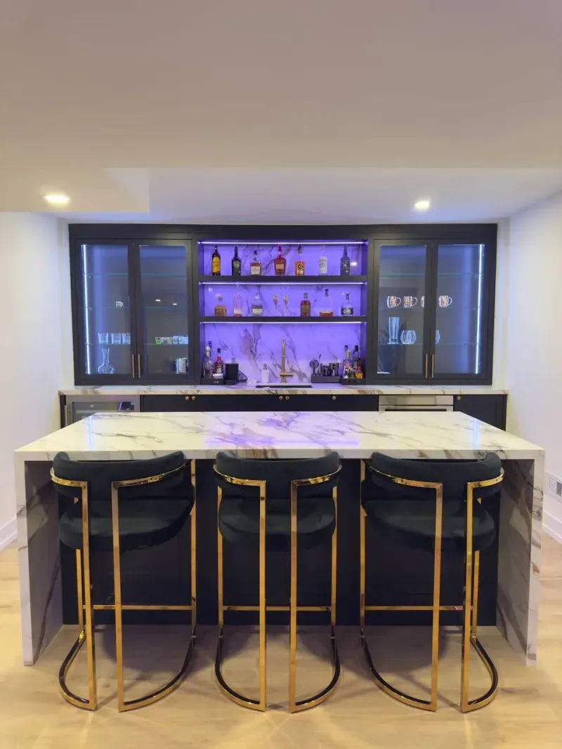 basement bar black stools led display