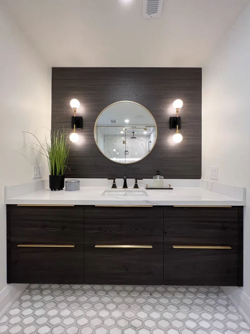 basement bathroom vanity dark wood round mirror