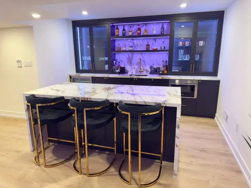basement bar marble waterfall led shelves