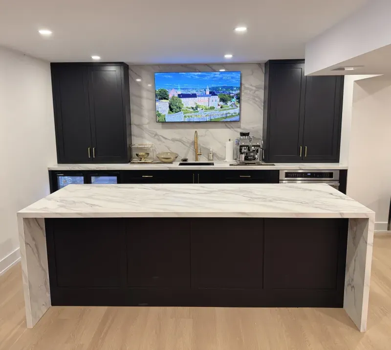 basement bar marble waterfall island tv