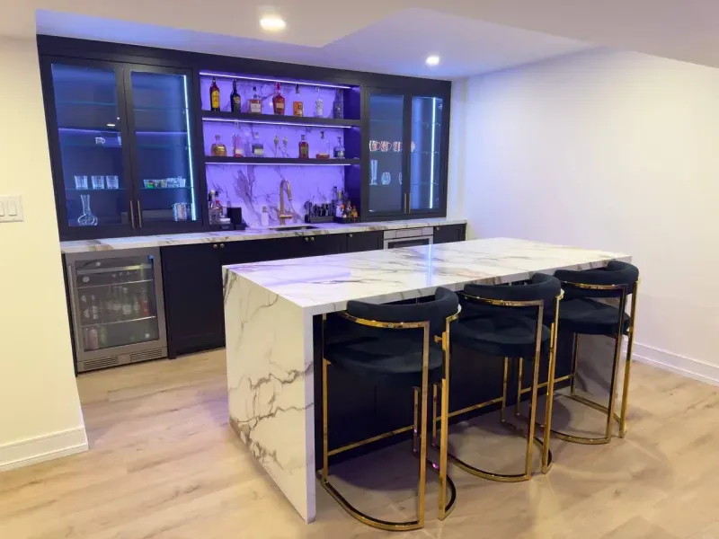 basement bar marble island gold stools