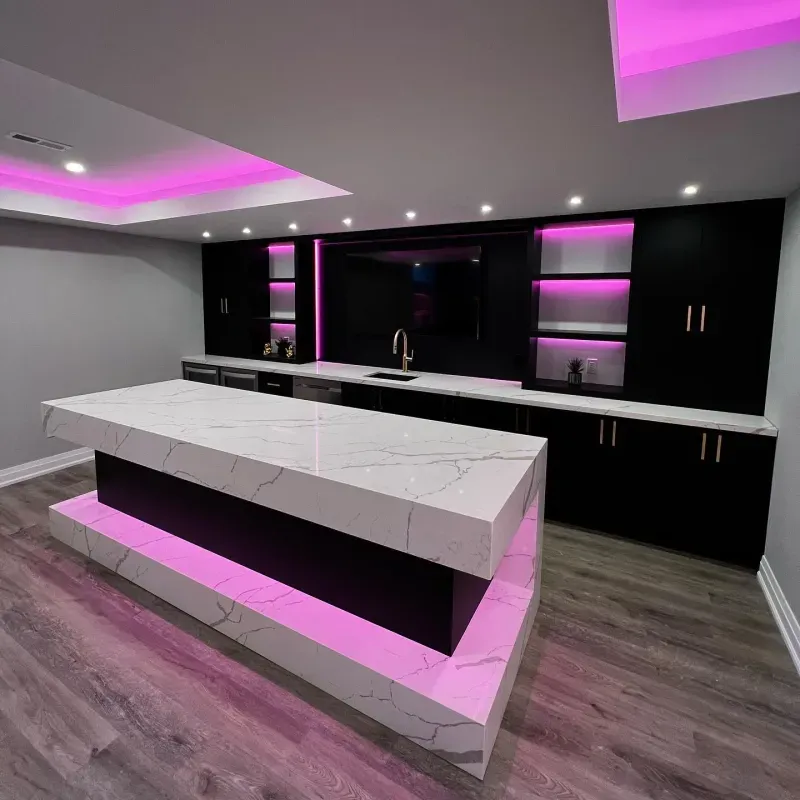 basement black bar pink led marble island