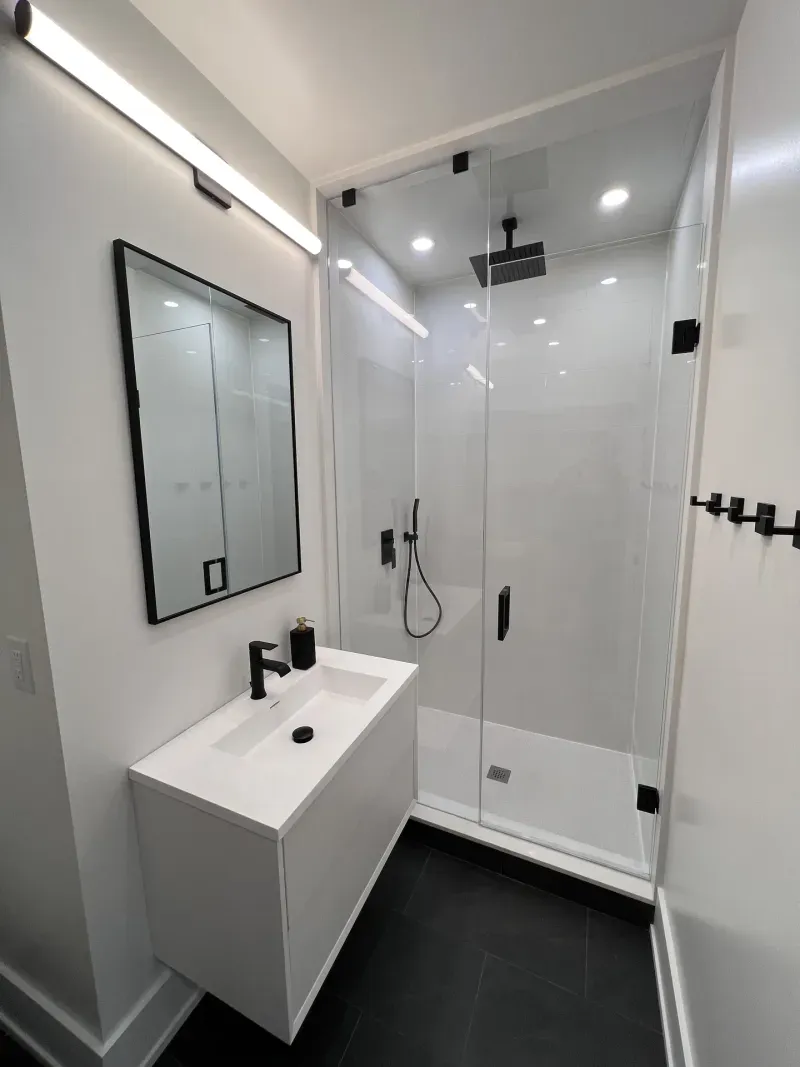 basement bathroom walk in shower black fixtures