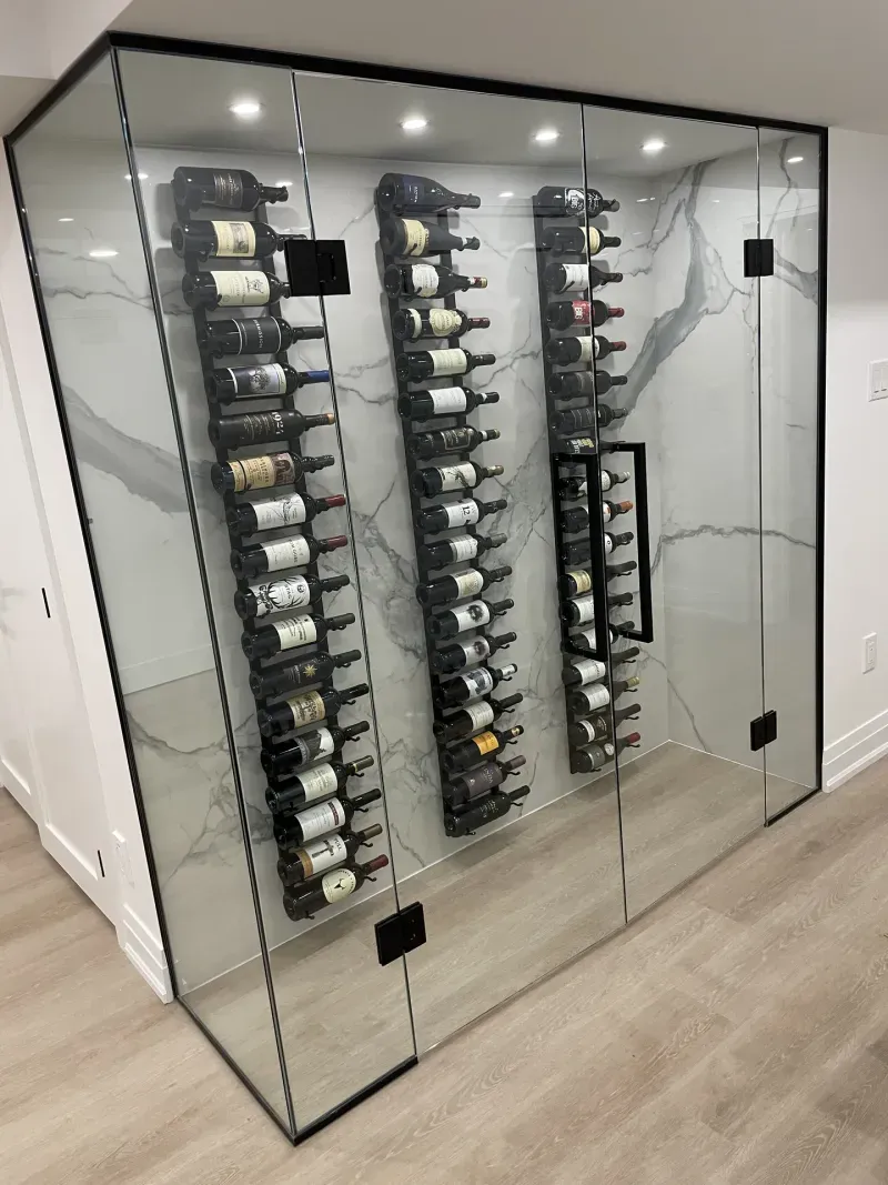 basement glass wine display marble wall