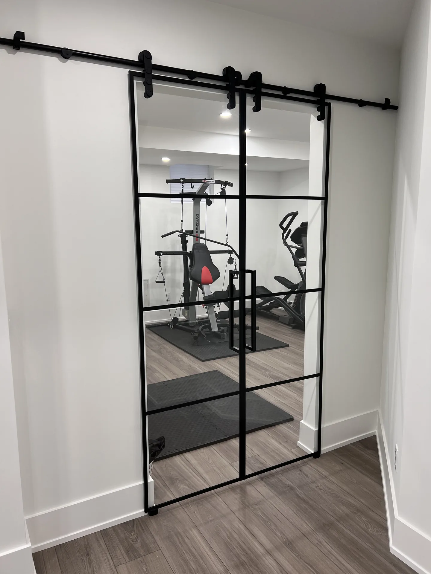 Home renovations in Whitchurch-Stouffville — black-framed glass barn door at a basement gym entrance