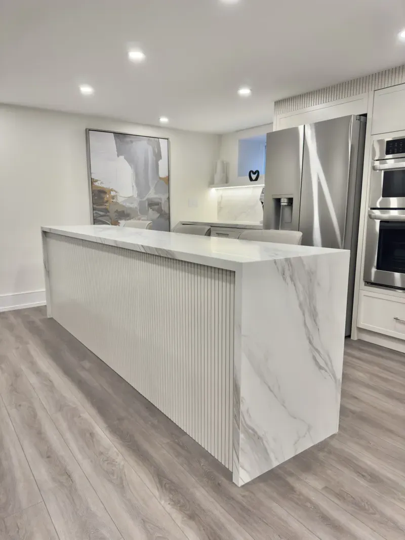 basement kitchen fluted marble island