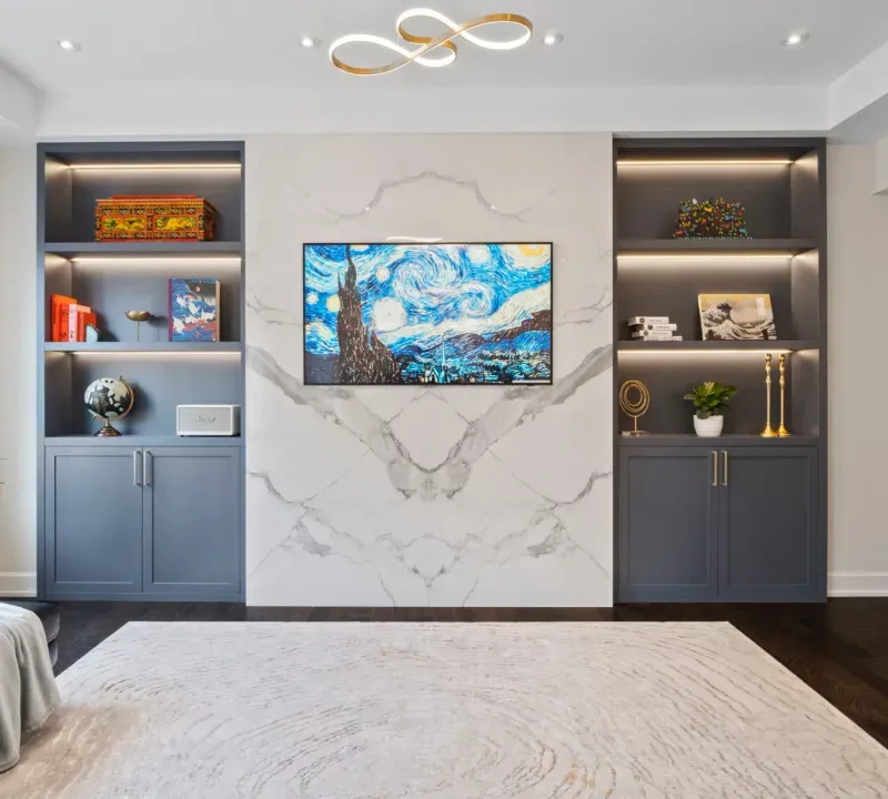 basement marble art tv wall grey builtins