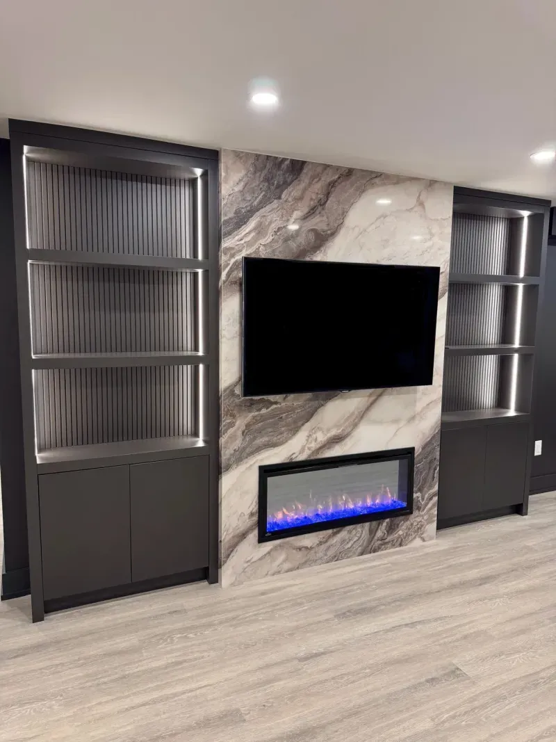 basement marble fireplace tv wall fluted glass