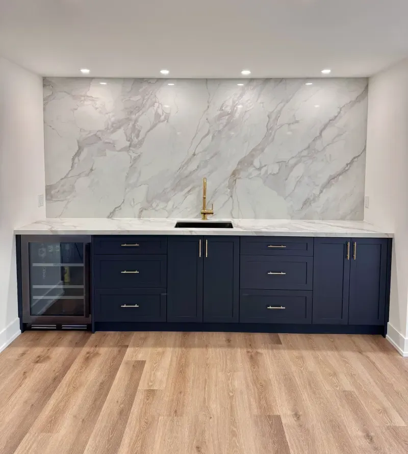 basement navy bar marble slab backsplash