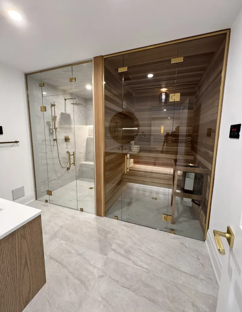 basement sauna glass door spa bathroom
