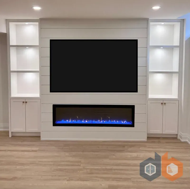 basement shiplap media wall blue fireplace