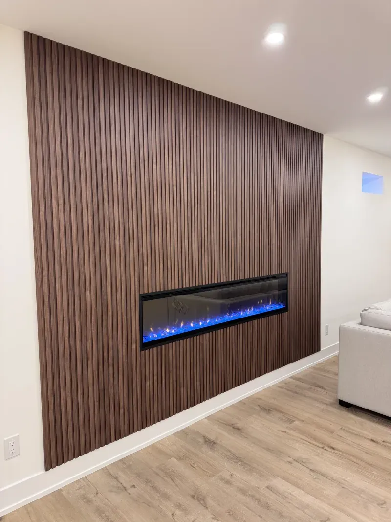 basement walnut slat fireplace wall