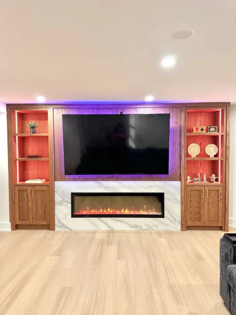 basement tv wall red led niches fireplace