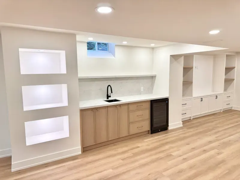 basement wet bar white oak led niches