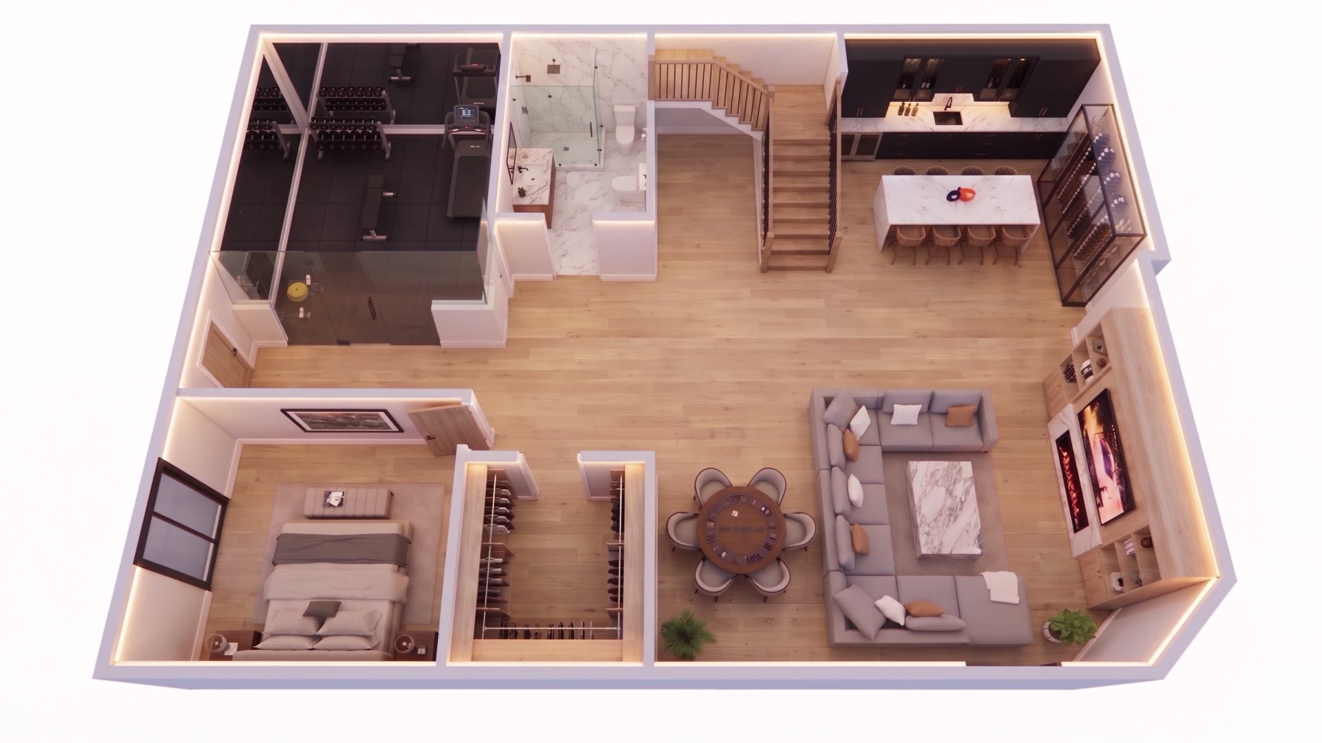 Photorealistic 3D design of a finished basement by Desire Basements