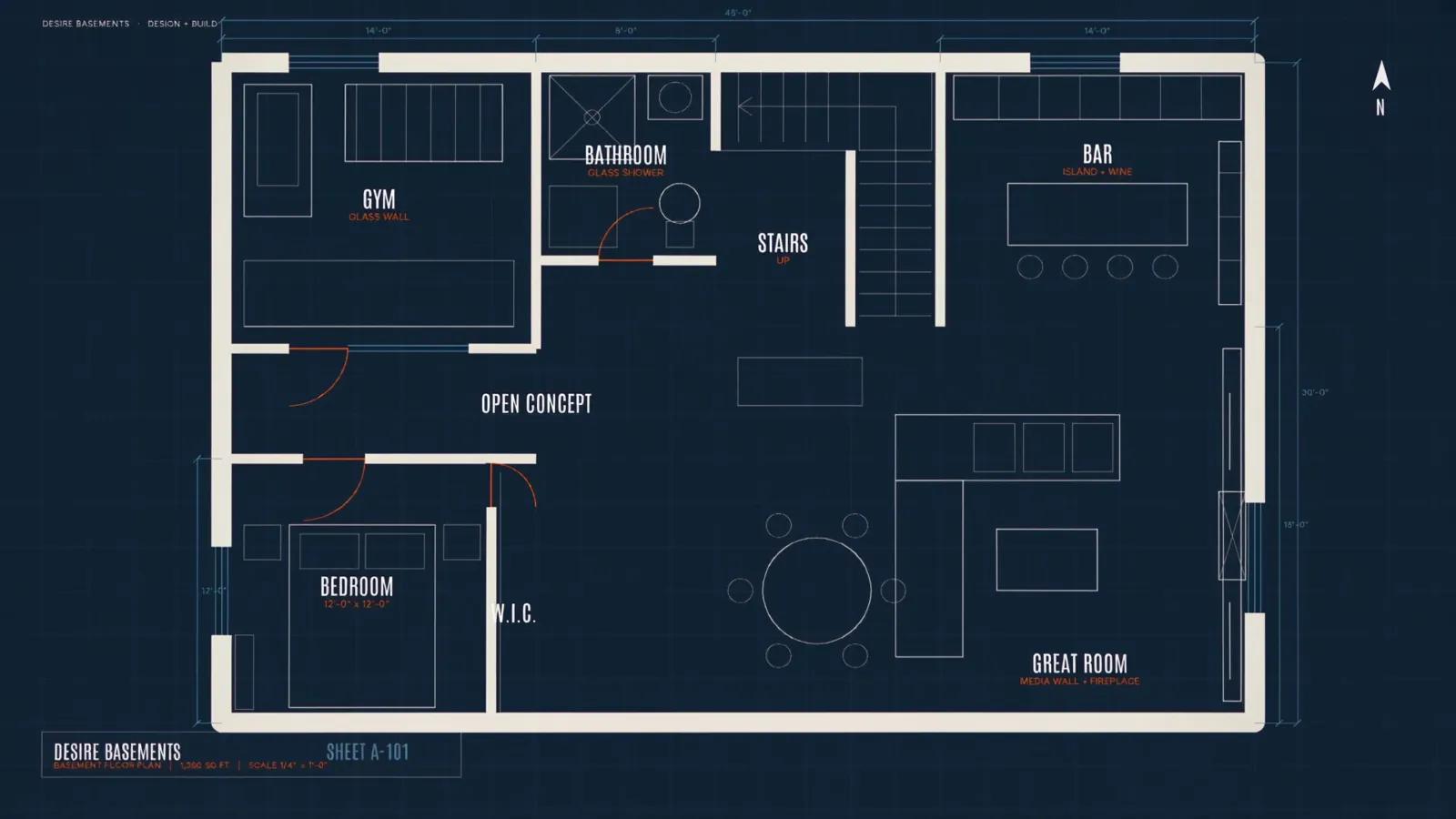 Desire Basements 3D design — floor plan stage of a photorealistic basement render