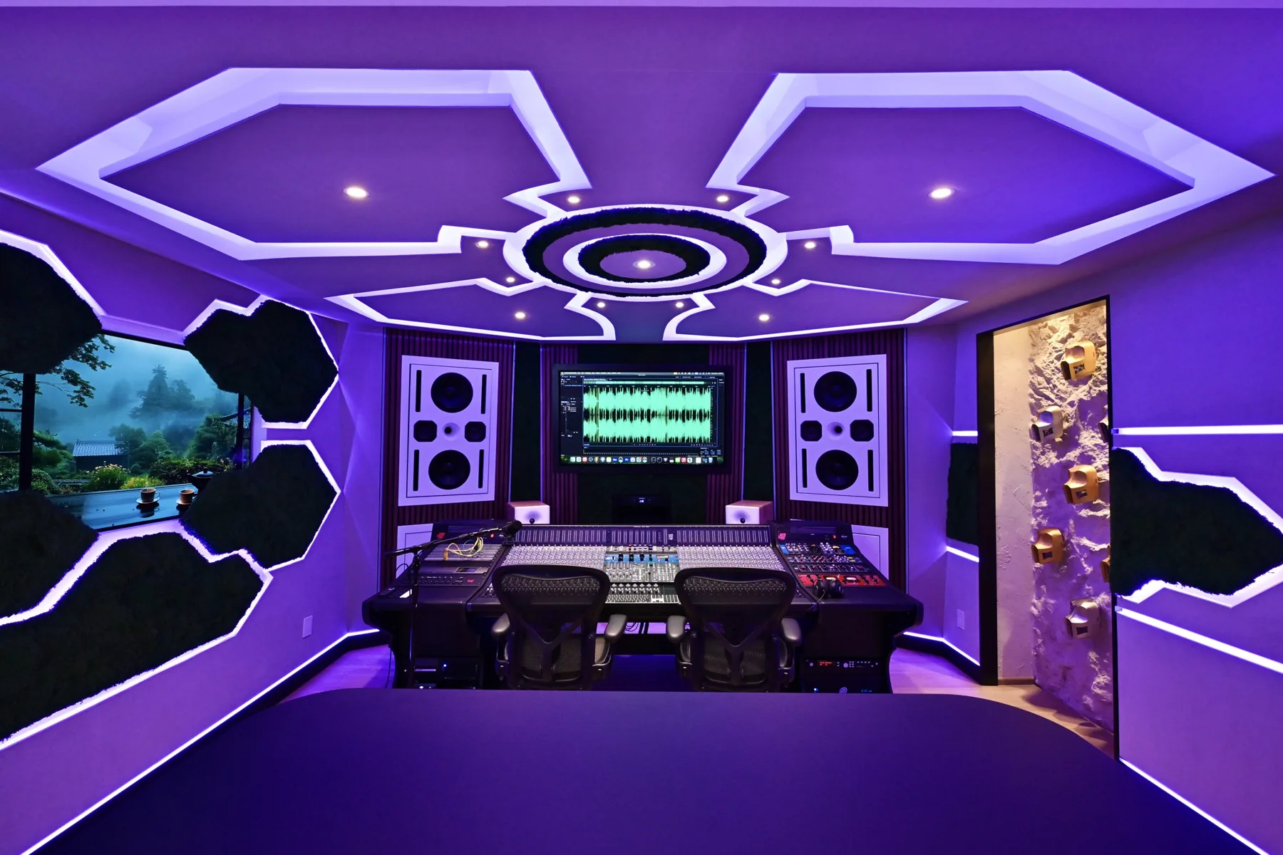 Sickick Studio control room: spaceship-style LED ceiling over the mixing console, moss acoustic panels and monitor wall — built by Desire Basements