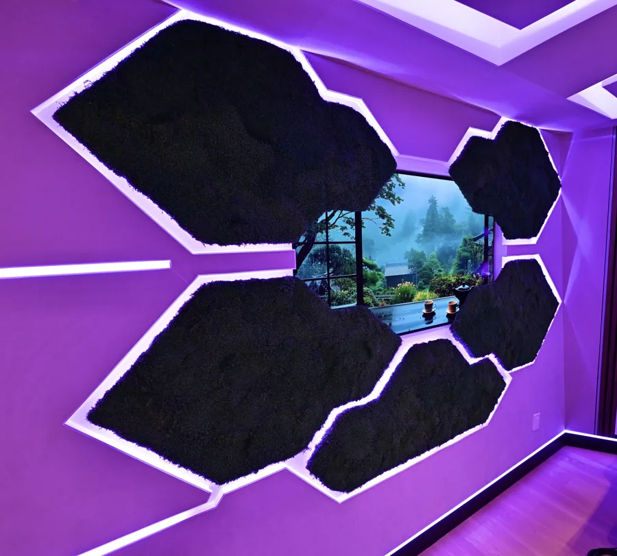 Living-moss acoustic panels with LED channels in the Sickick Studio control room