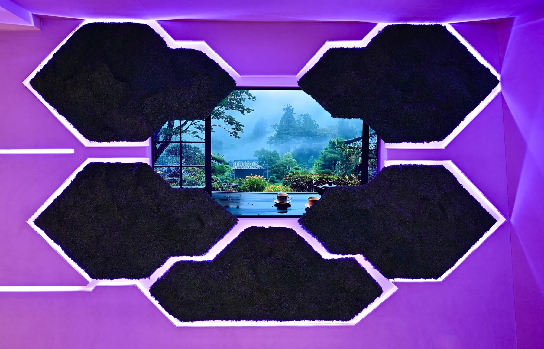 Moss-framed window in the control room