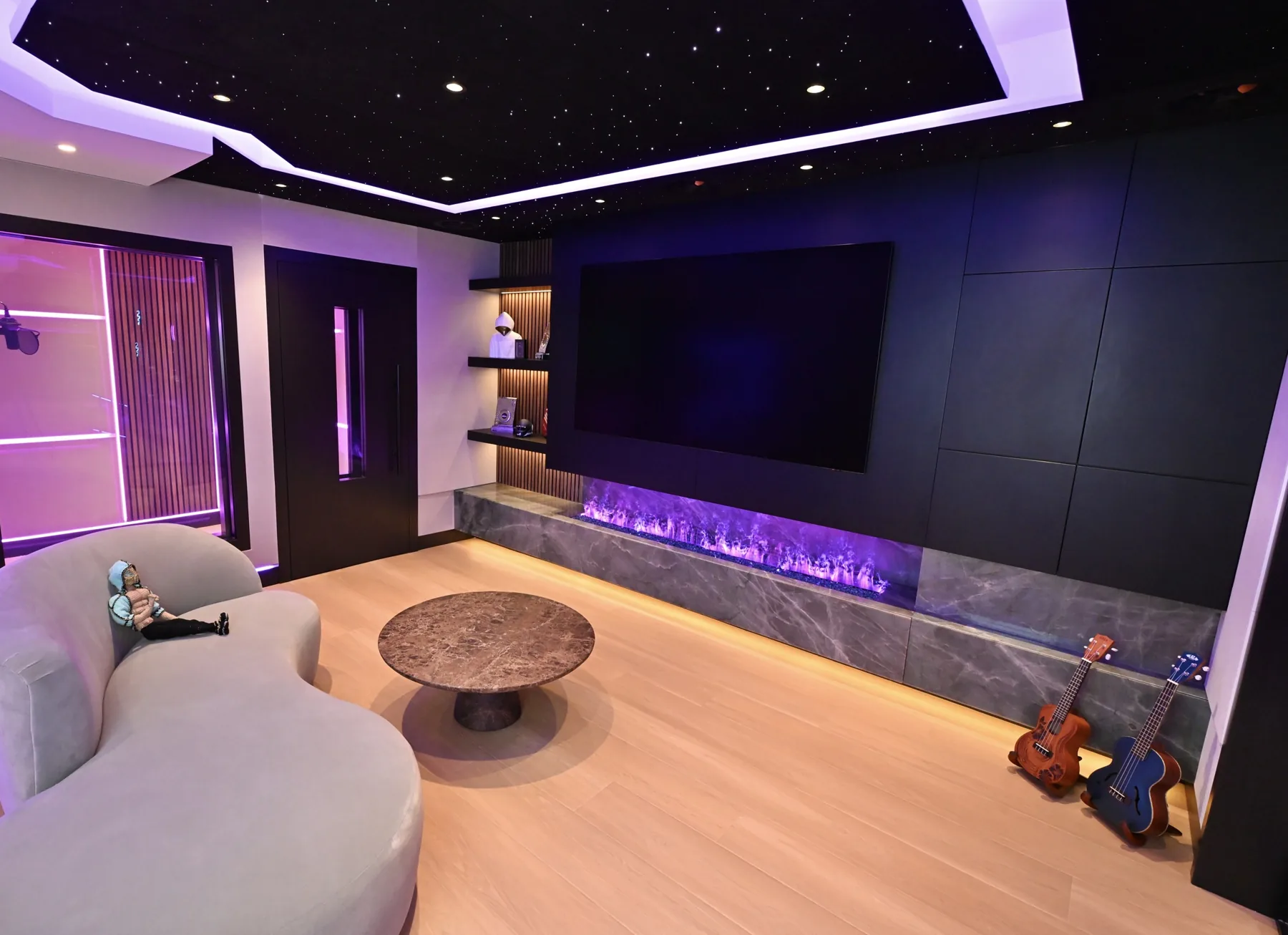 Lounge seating and fireplace