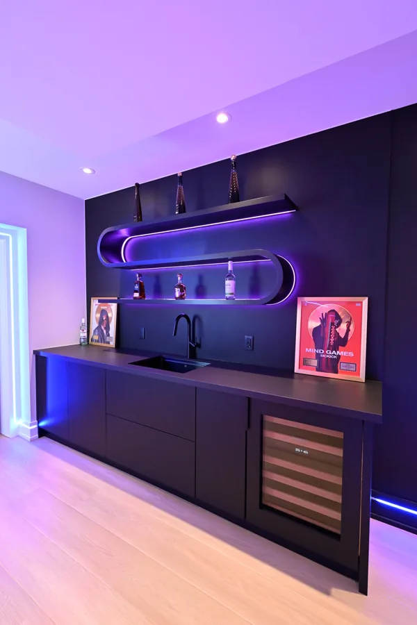 Studio bar with LED loop shelf and wine fridge