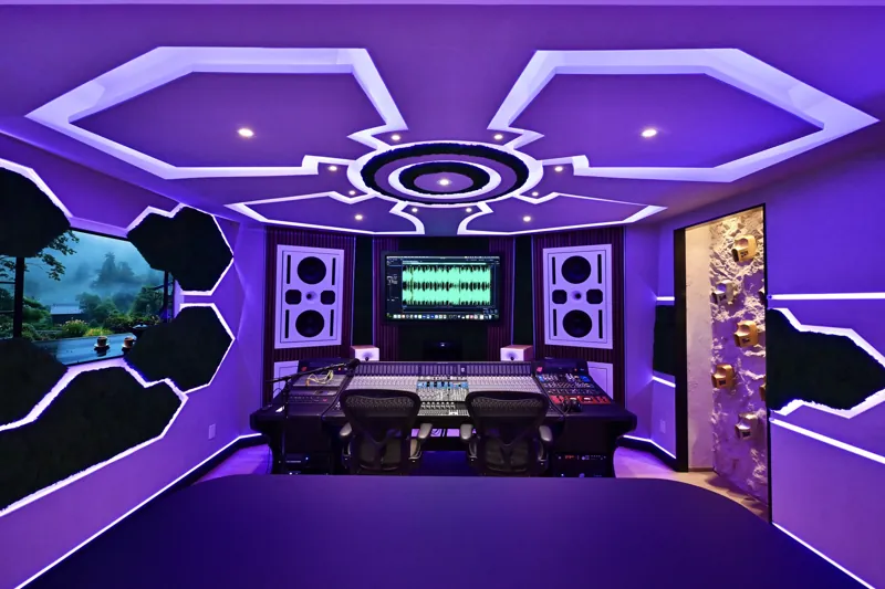 Sickick Studio control room with the spaceship ceiling and acoustic panels, built by Desire Basements