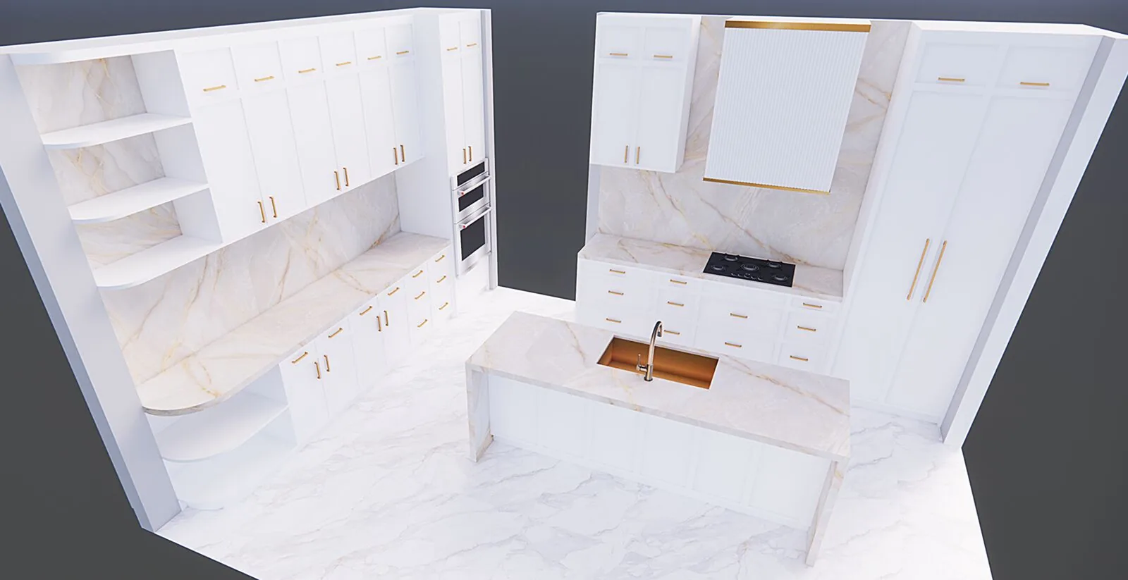 3D render of the same custom kitchen with marble and gold finishes, Desire Basements