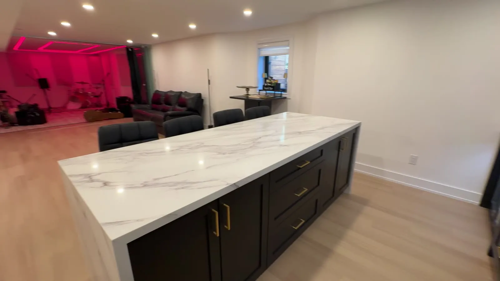 Finished basement bar with marble island, basement renovation GTA
