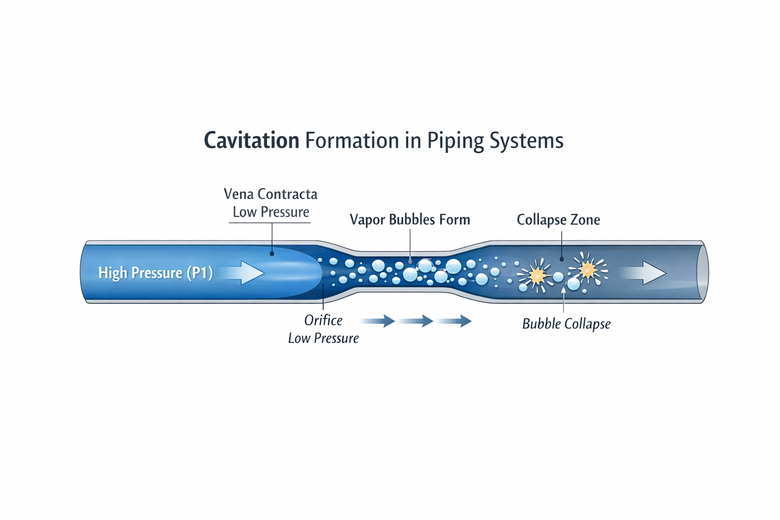 Cavitation formation and bubble collapse at the vena contracta in a piping system