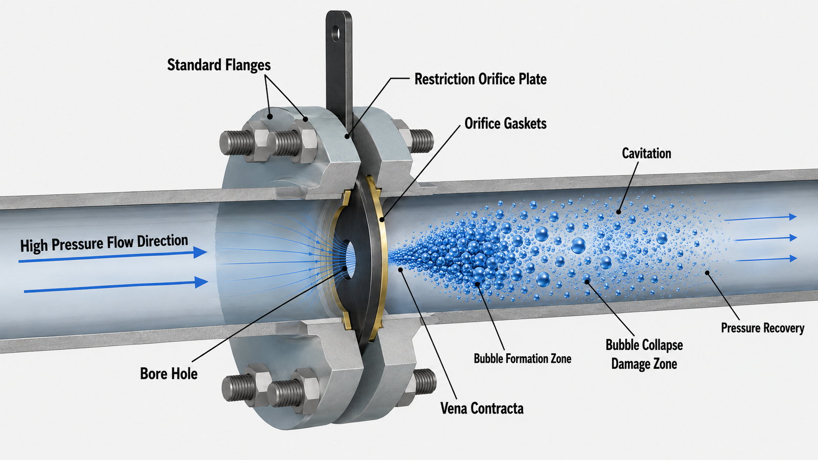 Cavitation formation and bubble collapse at the vena contracta in a piping system