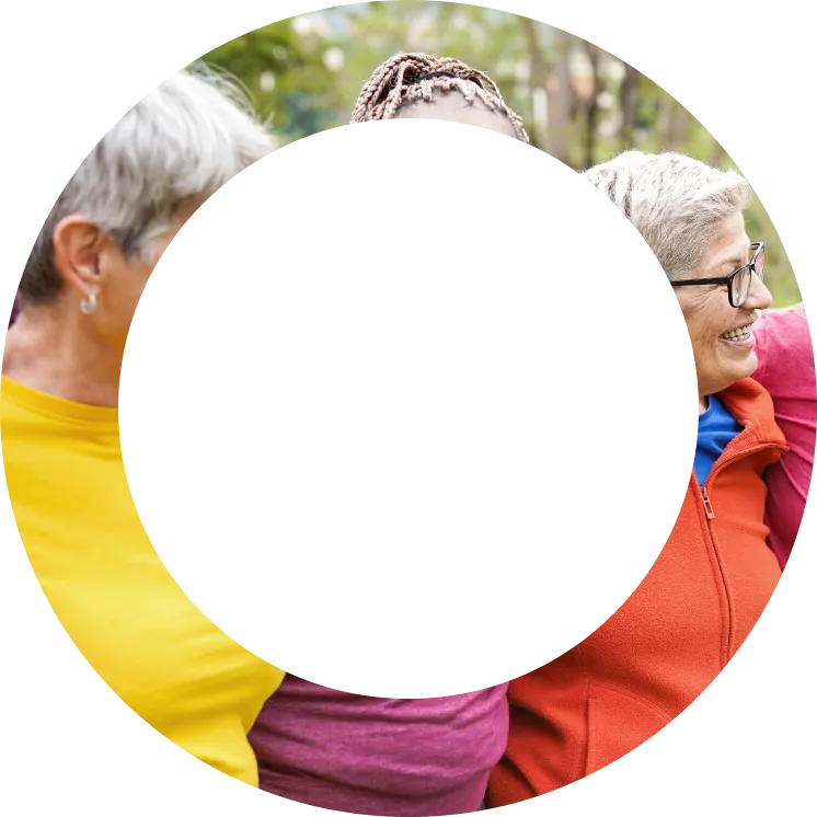 three older woman in colourful athletic clothes cropped in a hollowed out circle