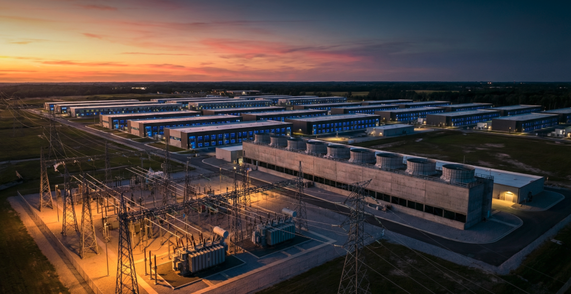 Data-center campus and substation at dusk