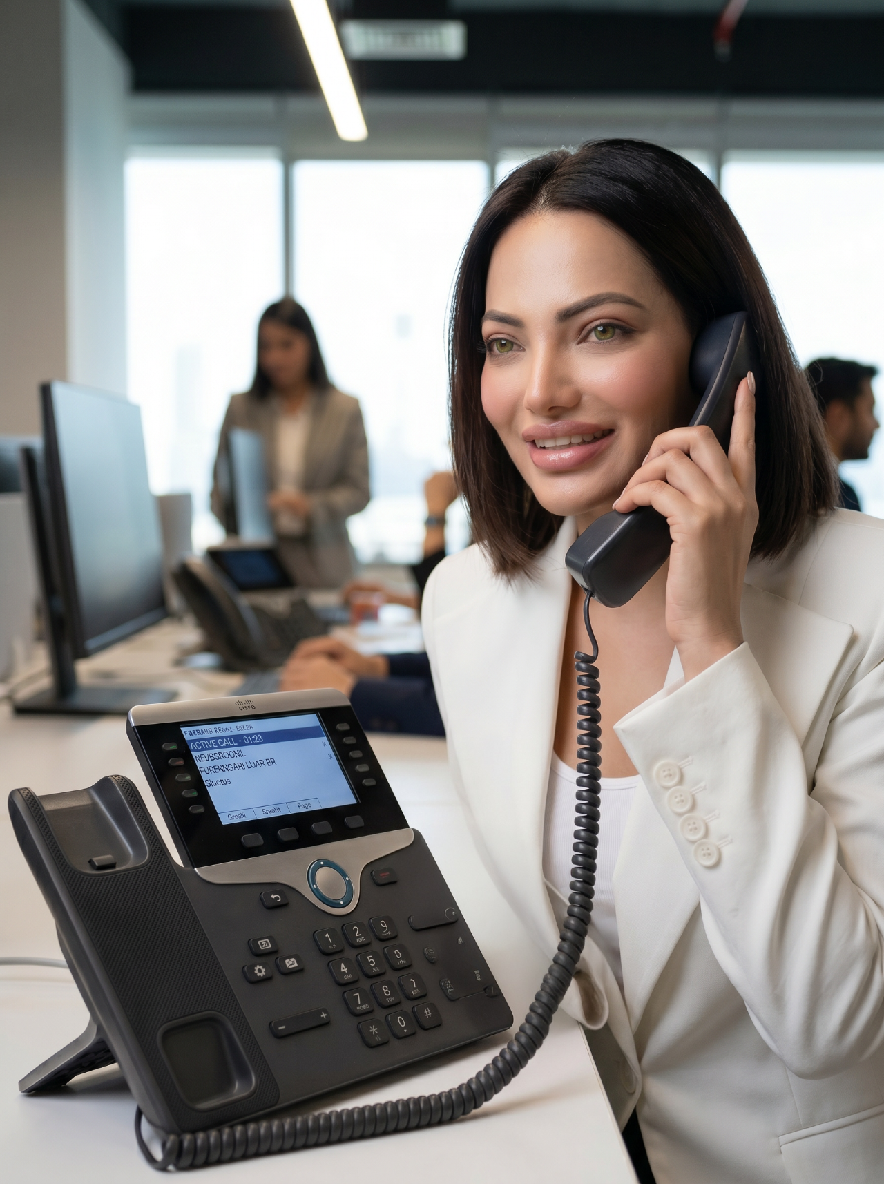 Smiling businesswoman in white jacket talking on phone at office desk with coworkers in background.