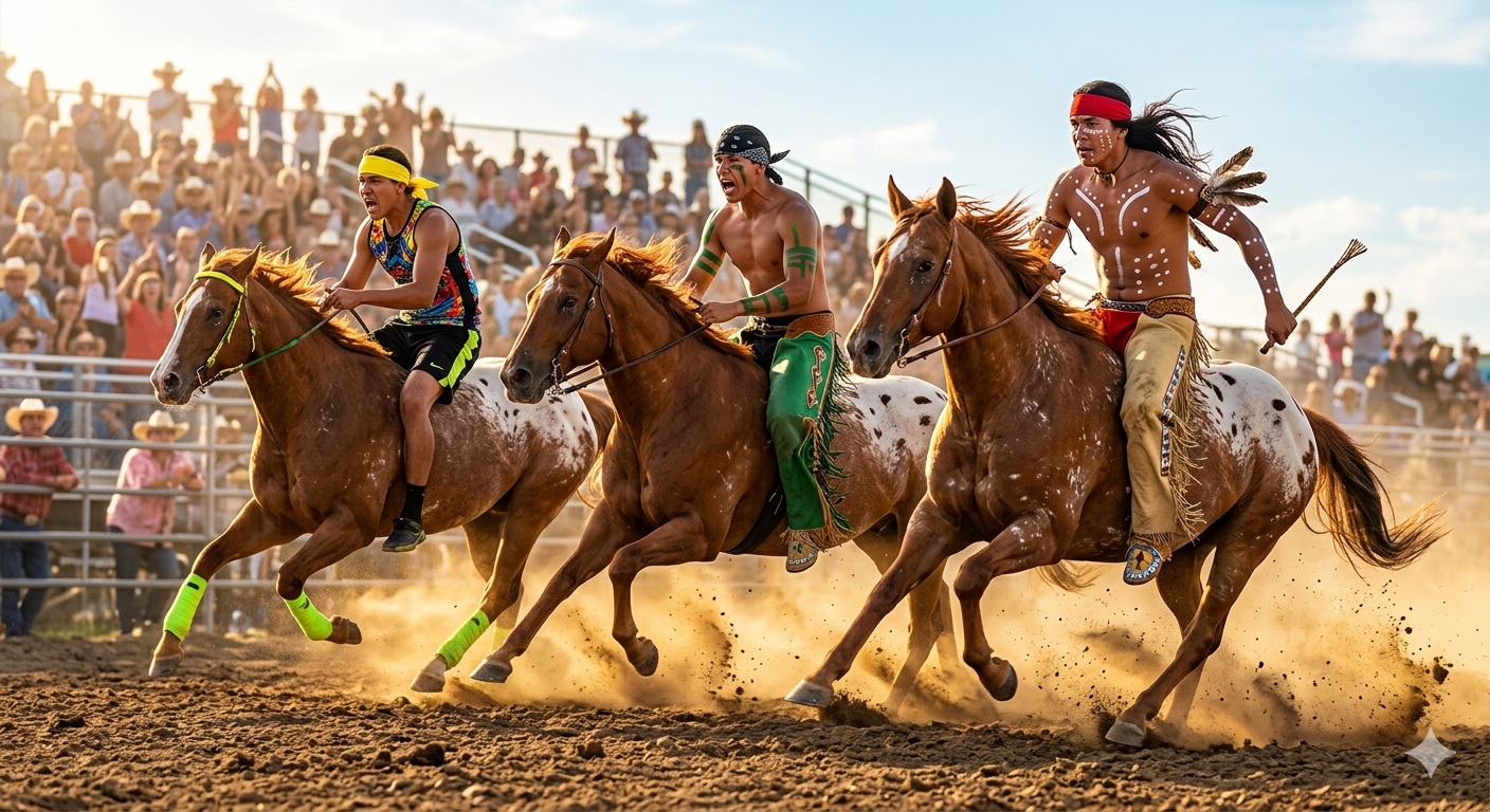 Indian Relay riders with whips raised at the start