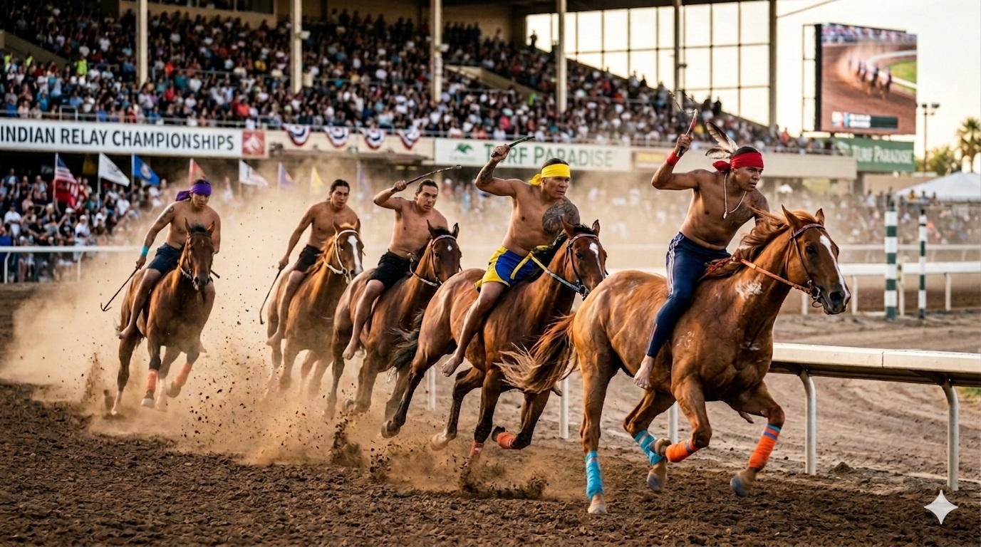 Indian Relay rider dismounting at the exchange