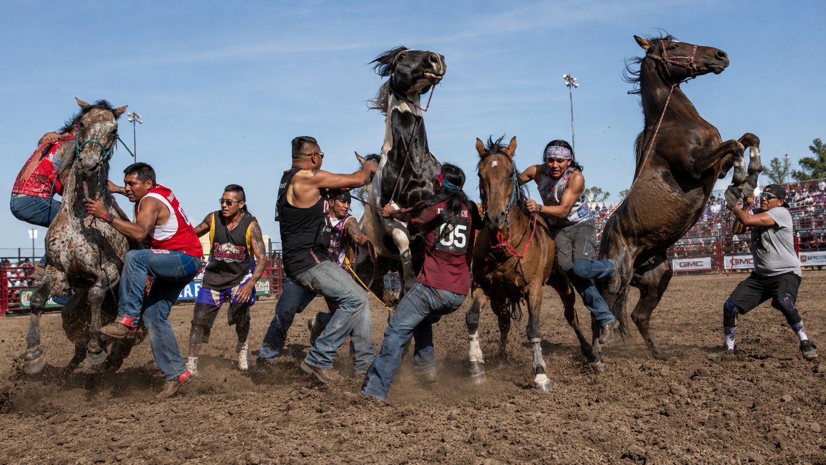 Handlers steadying horses before an Indian Relay race
