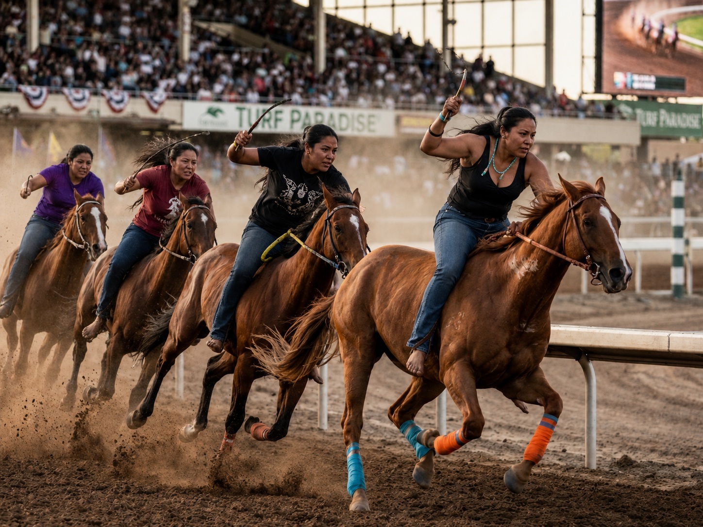 Four women racing bareback at full speed in an Indian Relay race